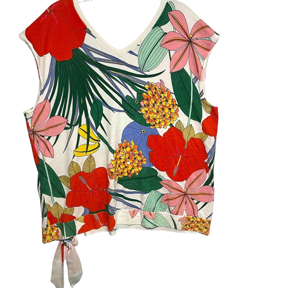 Talbots Plus Colorful Tropical Top Womens Size 2X V-Neck Tie Hem Casual Tee - Picture 6 of 11